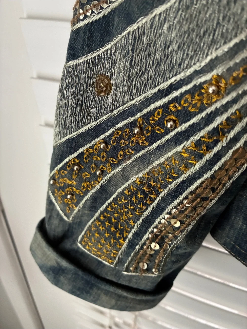 Chico’s SZ 1  Denim Jacket Gold  Jeweled Sequined Embellished Scroll Blue SZ 8